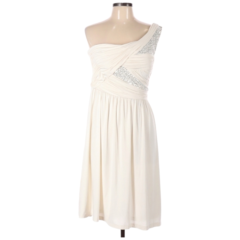 Max & Cleo Emily Cocktail Dress Size 10 White‎ Silver Sequins One Shoulder NEW